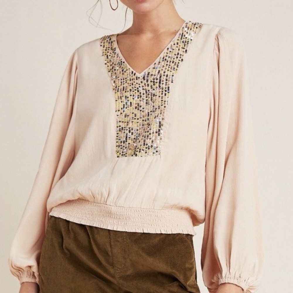NWT Anthropologie Maeve Sequined Blouse Top Rose Blush Pink 100% Viscose S